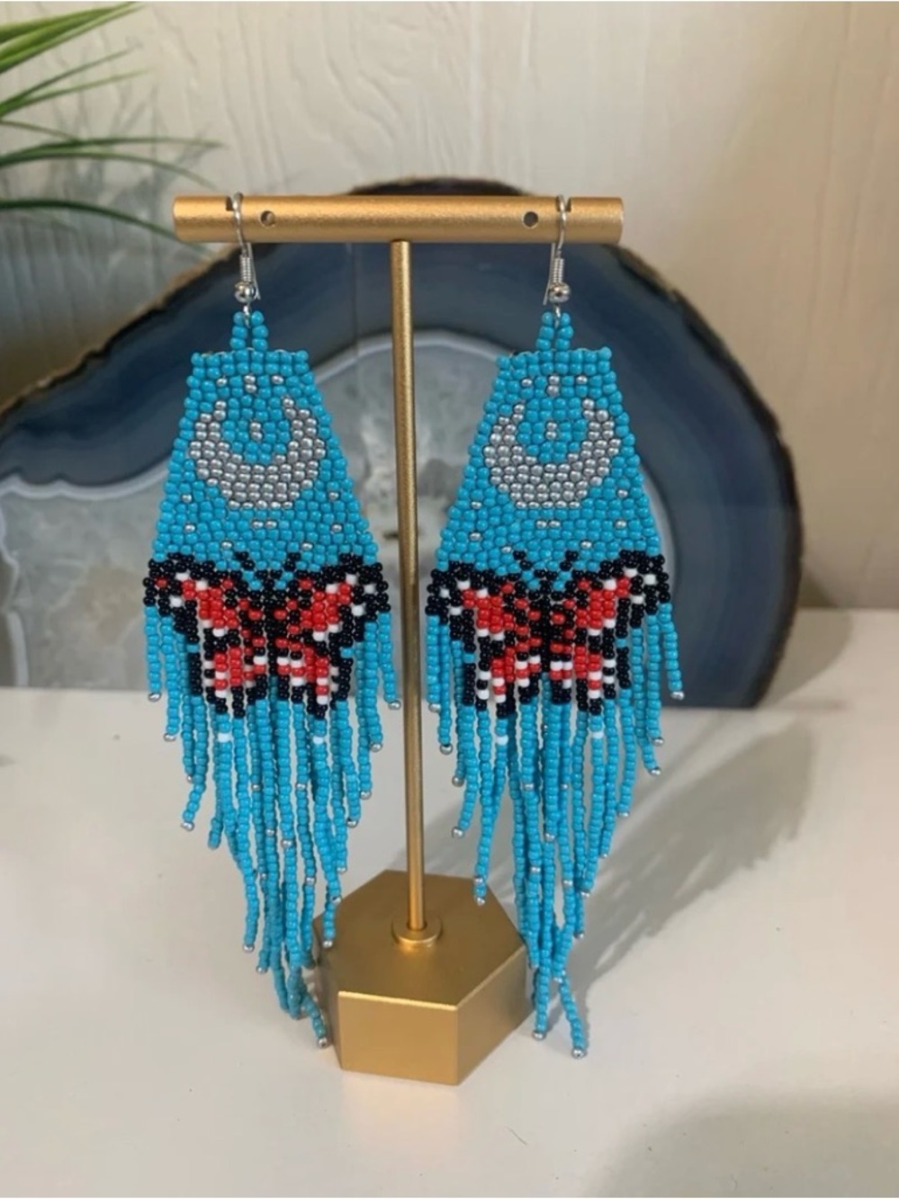 Turquoise Beaded Fringe Earrings with Butterfly Motif